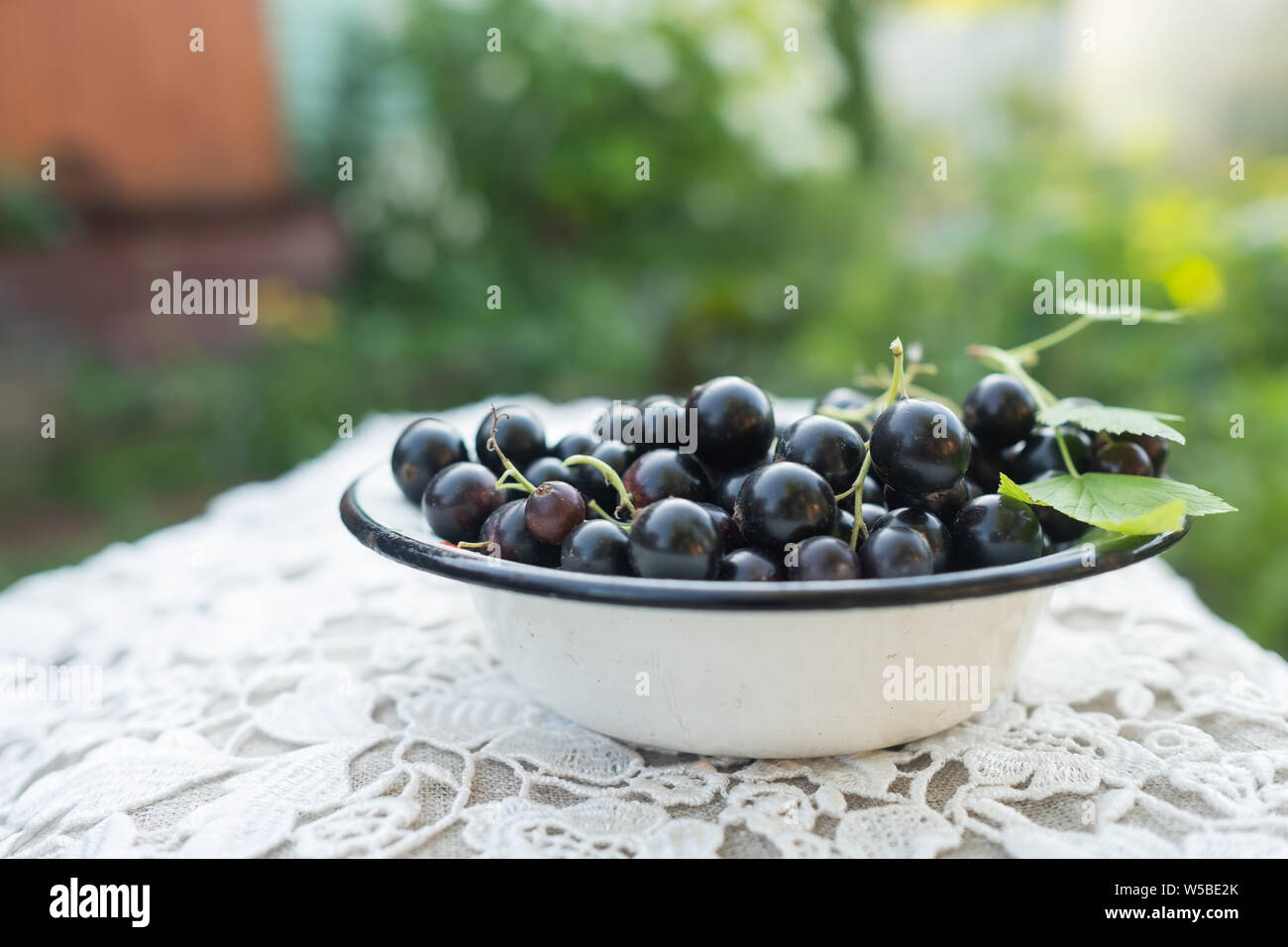 black currant in small plate on table Stock Photo