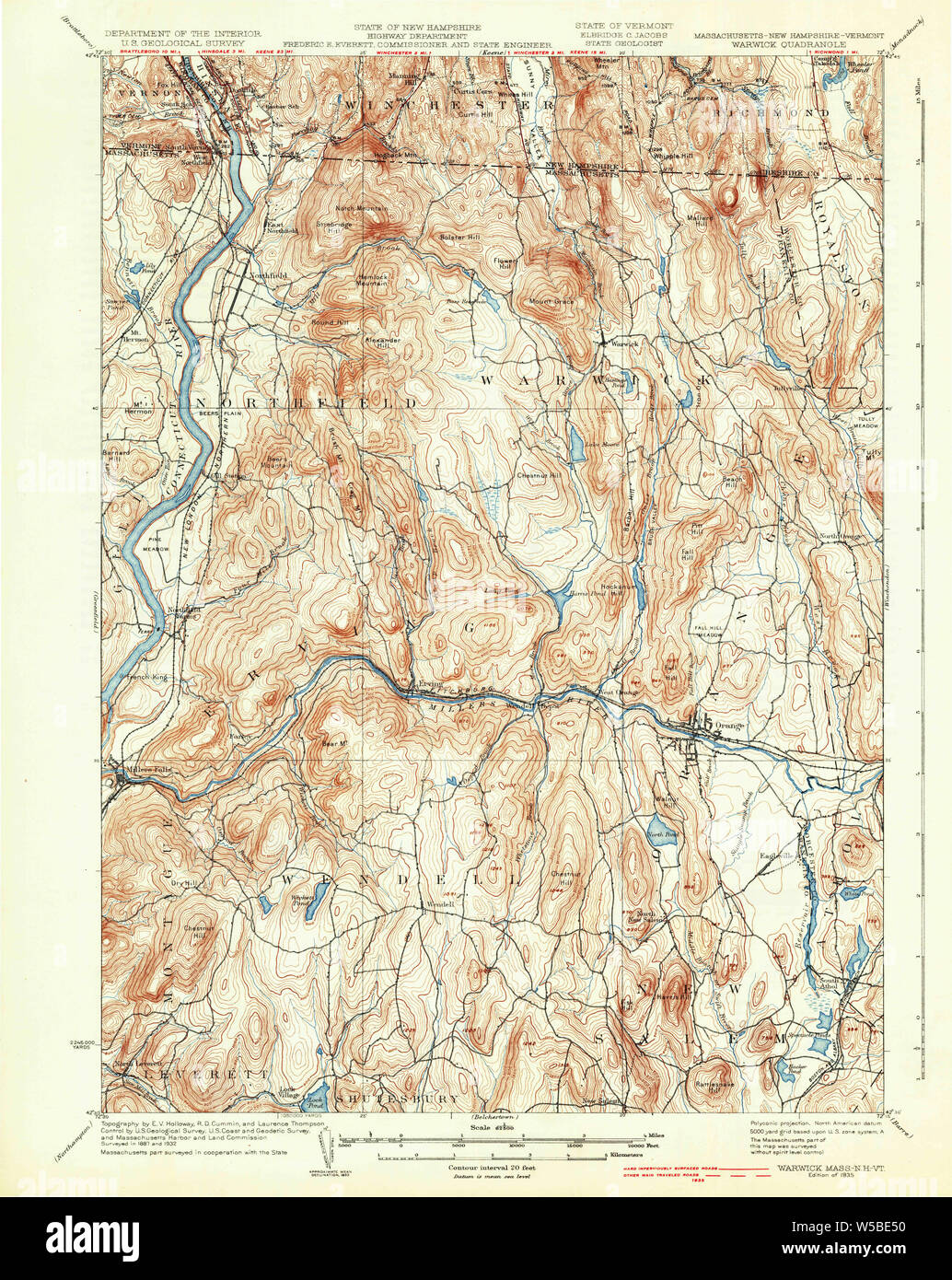Massachusetts  USGS Historical Topo Map MA Warwick 353073 1935 62500 Restoration Stock Photo