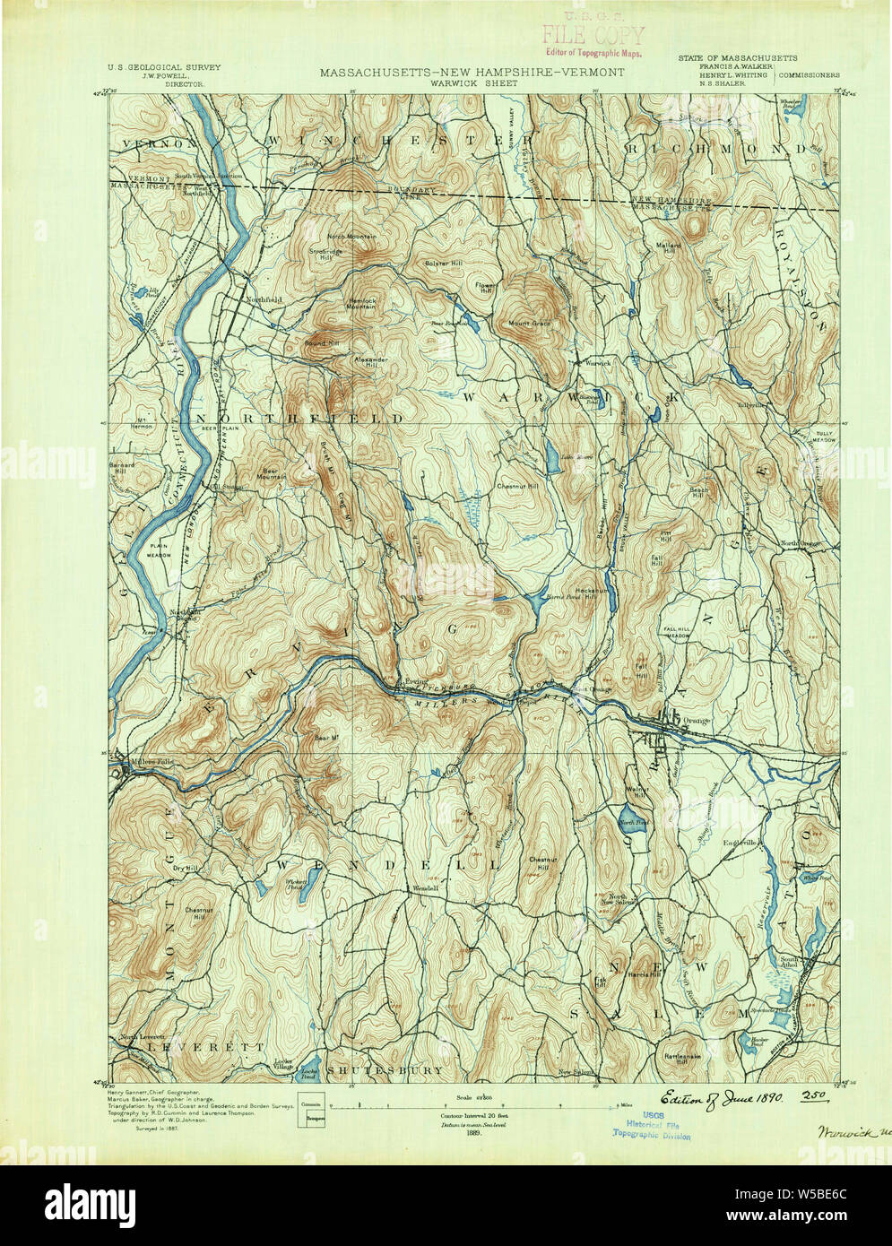 Massachusetts  USGS Historical Topo Map MA Warwick 353075 1889 62500 Restoration Stock Photo