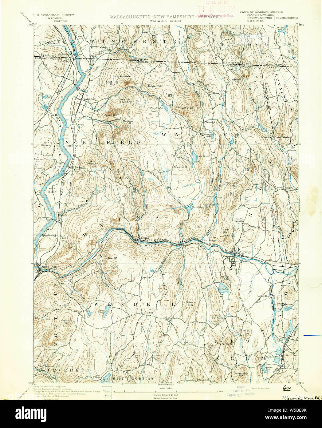 Massachusetts  USGS Historical Topo Map MA Warwick 353076 1894 62500 Restoration Stock Photo