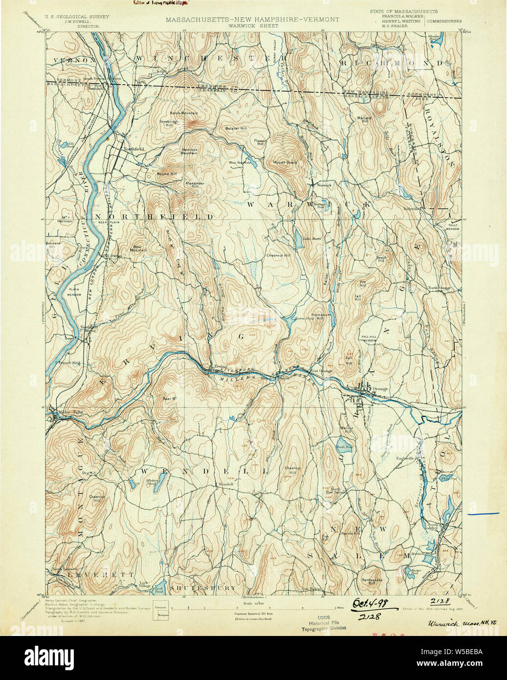 Massachusetts  USGS Historical Topo Map MA Warwick 353077 1894 62500 Restoration Stock Photo