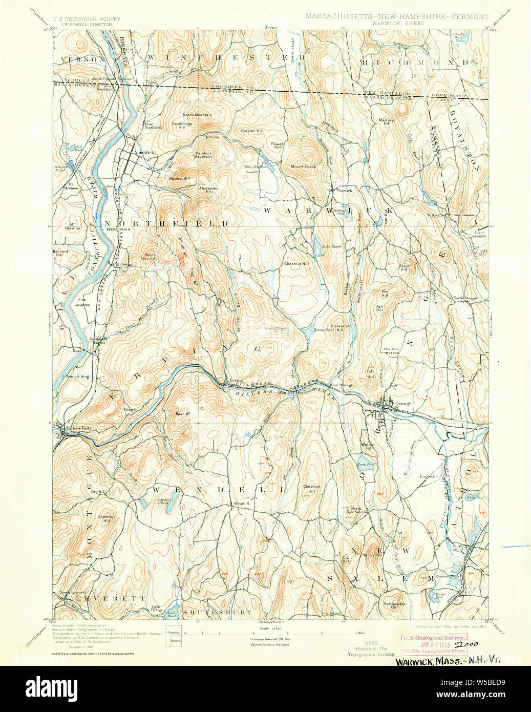 Massachusetts  USGS Historical Topo Map MA Warwick 353078 1894 62500 Restoration Stock Photo