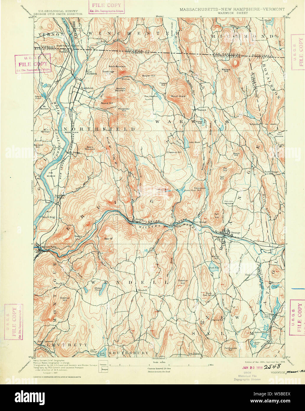Massachusetts  USGS Historical Topo Map MA Warwick 353079 1894 62500 Restoration Stock Photo