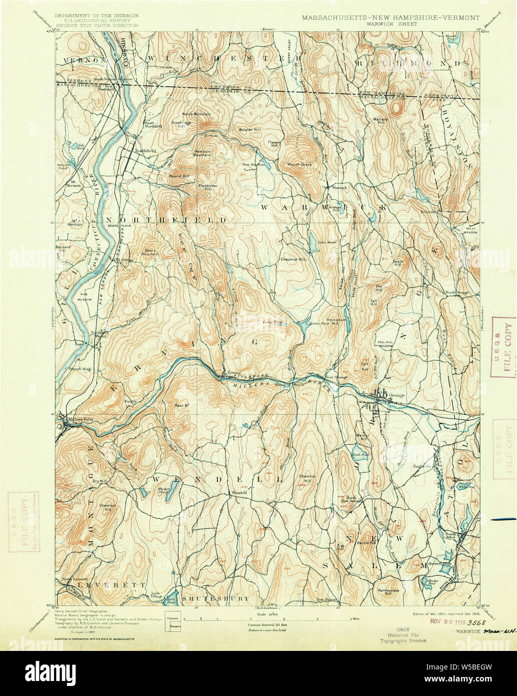 Massachusetts  USGS Historical Topo Map MA Warwick 353080 1894 62500 Restoration Stock Photo