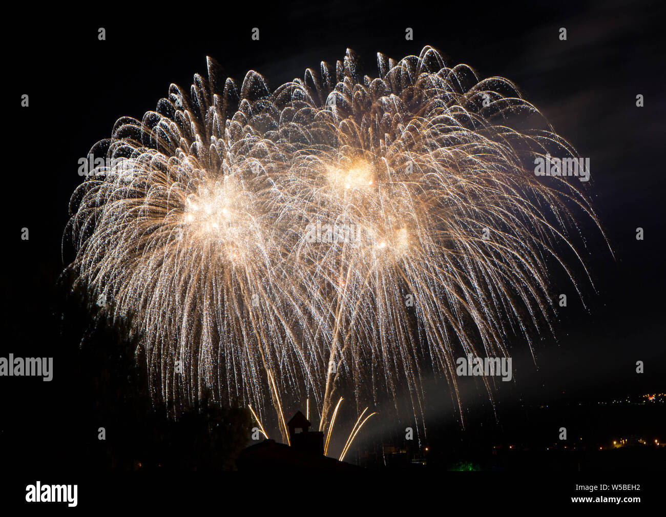 Abstract colored firework against a black background with free space for text Stock Photo