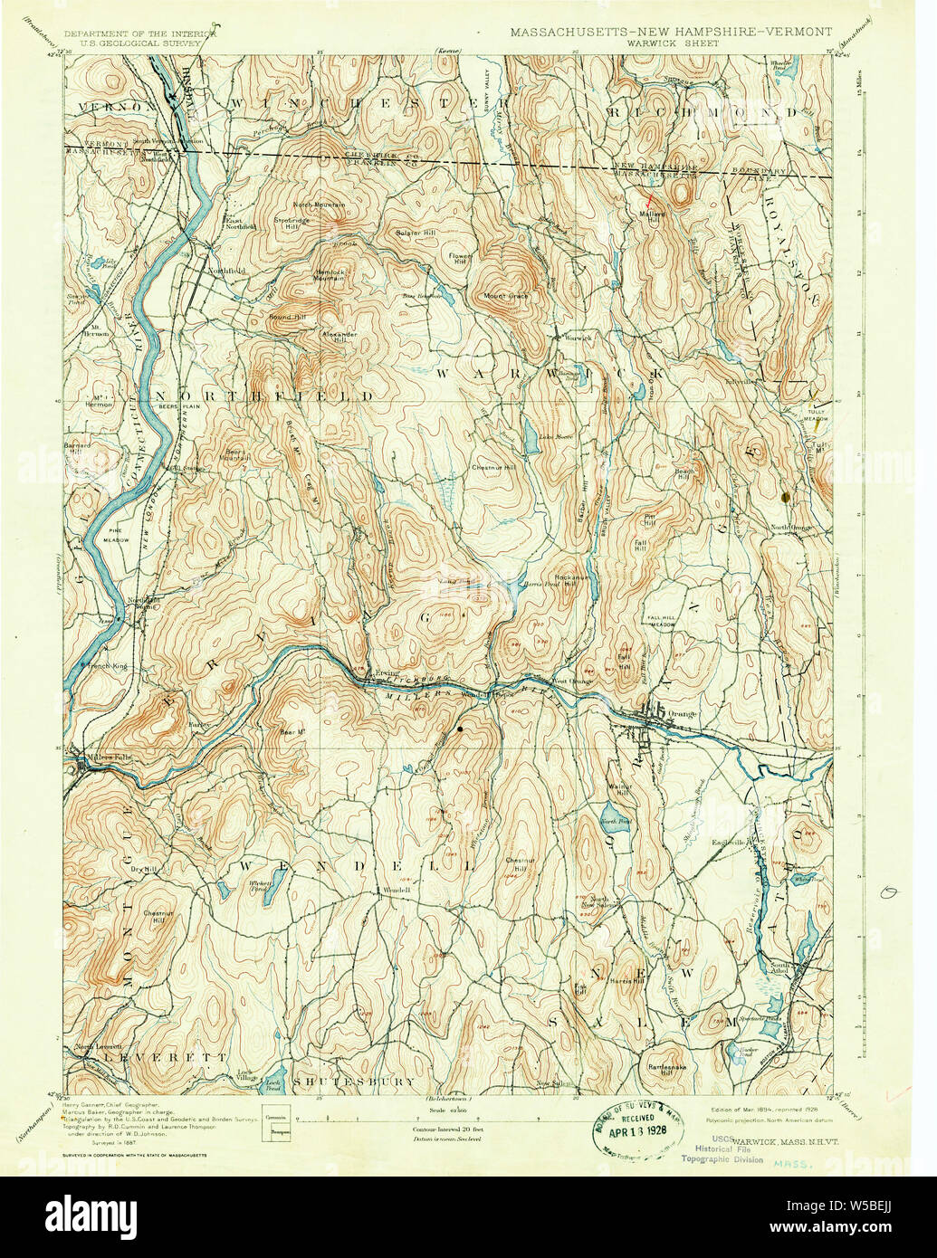 Massachusetts  USGS Historical Topo Map MA Warwick 353081 1894 62500 Restoration Stock Photo