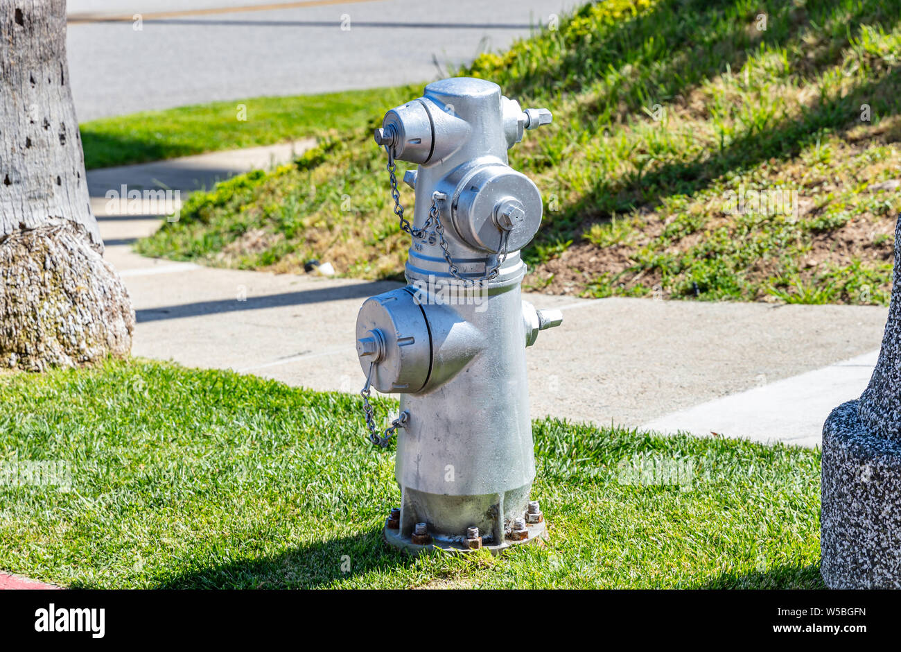 Fire fighting public system Fire hydrant silver color painted outdoors in a park, sunny spring day Stock Photo