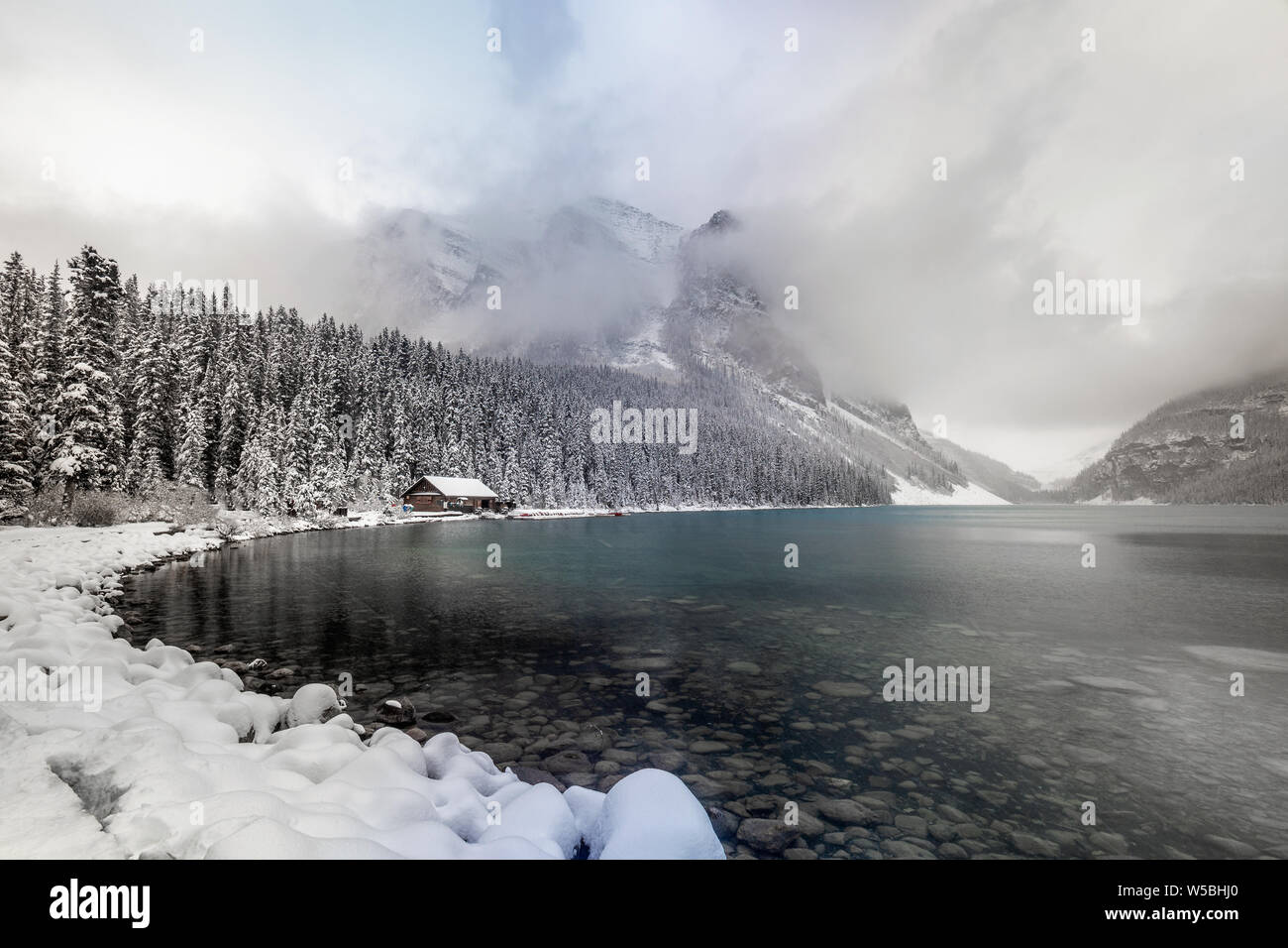 Lake Louise under heavy snow at Banff National Park, Canada Stock Photo ...