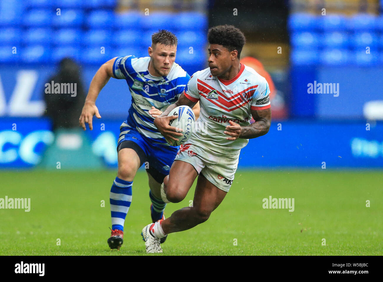 Bolton, UK. 27th July, 2019. 27th July 2019, University of Bolton Stadium, Bolton, England; 2019 Coral Challenge Cup Semi-Final, St Helens vs Halifax RLFC ; Kevin Naiqama (3) of St Helens makes a break Credit: Mark Cosgrove/News Images Credit: News Images /Alamy Live News Stock Photo