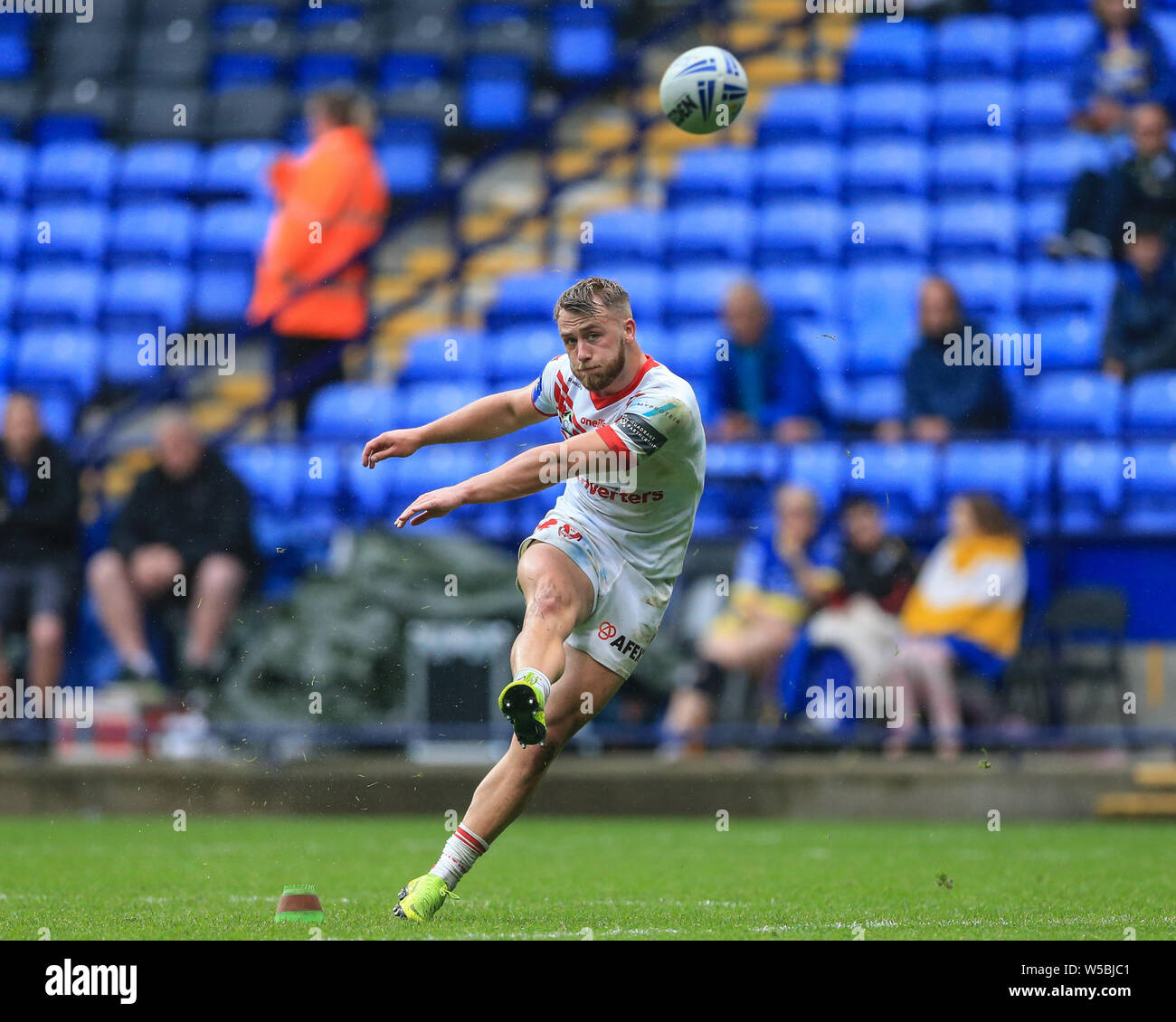 Bolton, UK. 27th July, 2019. 27th July 2019, University of Bolton Stadium, Bolton, England; 2019 Coral Challenge Cup Semi-Final, St Helens vs Halifax RLFC ; Danny Richardson (7) of St Helens converts Credit: Mark Cosgrove/News Images Credit: News Images /Alamy Live News Stock Photo