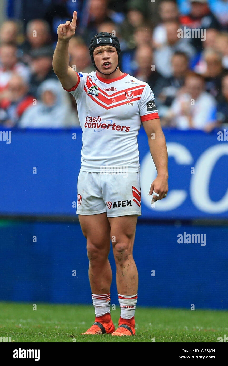 Bolton, UK. 27th July, 2019. 27th July 2019, University of Bolton Stadium, Bolton, England; 2019 Coral Challenge Cup Semi-Final, St Helens vs Halifax RLFC ; Jonny Lomax (1) of St Helens appeals to the official Credit: Mark Cosgrove/News Images Credit: News Images /Alamy Live News Stock Photo