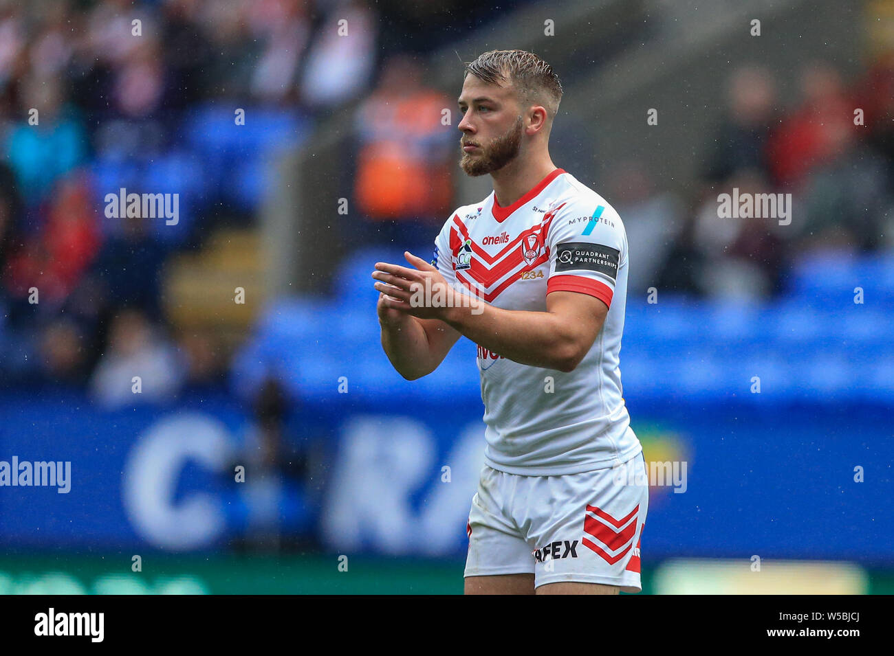 Bolton, UK. 27th July, 2019. 27th July 2019, University of Bolton Stadium, Bolton, England; 2019 Coral Challenge Cup Semi-Final, St Helens vs Halifax RLFC ; Danny Richardson (7) of St Helens applauds his sides try Credit: Mark Cosgrove/News Images Credit: News Images /Alamy Live News Stock Photo