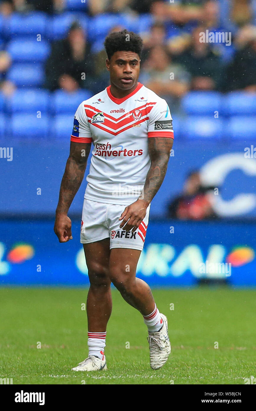 Bolton, UK. 27th July, 2019. 27th July 2019, University of Bolton Stadium, Bolton, England; 2019 Coral Challenge Cup Semi-Final, St Helens vs Halifax RLFC ; Kevin Naiqama (3) of St Helens during the game Credit: Mark Cosgrove/News Images Credit: News Images /Alamy Live News Stock Photo