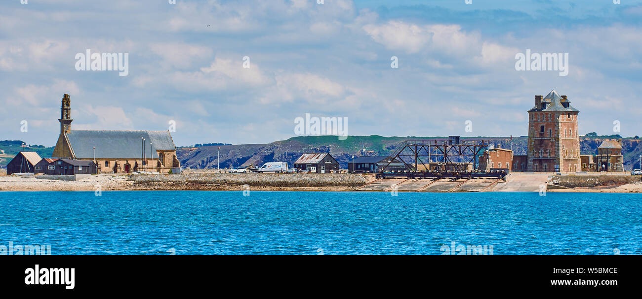 Camaret-sur-Mer, France - July 13, 2019: Web banner of landmarks of Camaret-sur-Mer with the Vauban tower which is a seashore defensive medieval tower Stock Photo