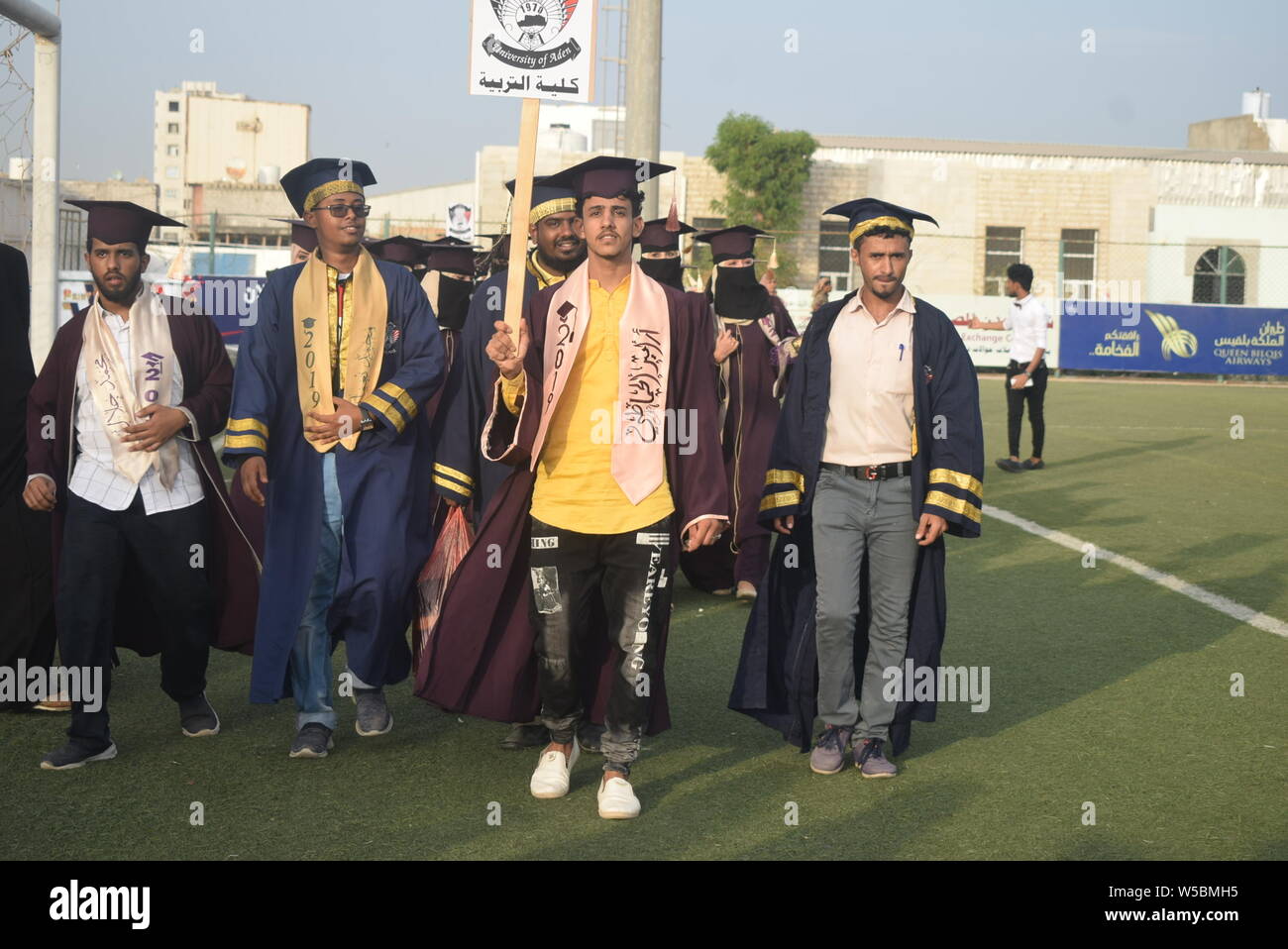 Aden, Yemen. 27th July, 2019. Yemeni university graduates attend a