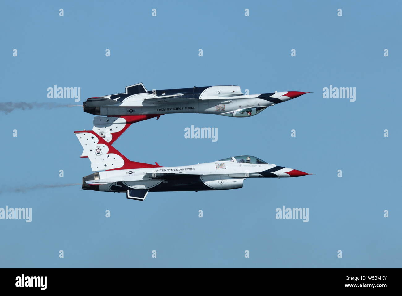 Air Force Thunderbirds performing a Calypso Pass in their F16C's at the Great Pacific Airshow in Huntington Beach, California on October 19, 2018 Stock Photo