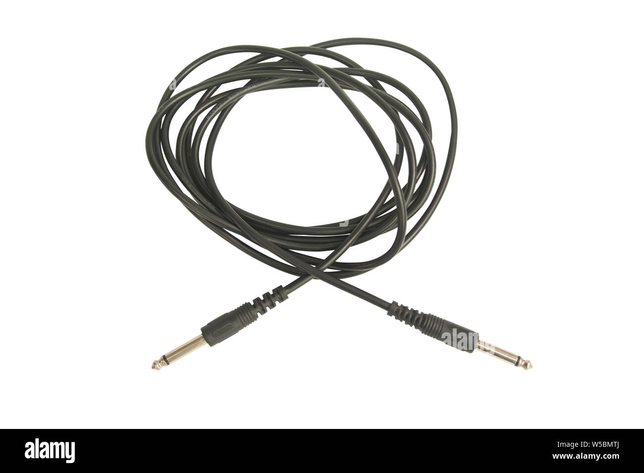 Guitar audio jack with black cable isolated on white background with