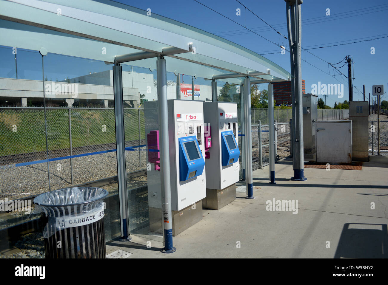 City transit train ticket machine-dispenser. Outdoor kiosks. Stock Photo