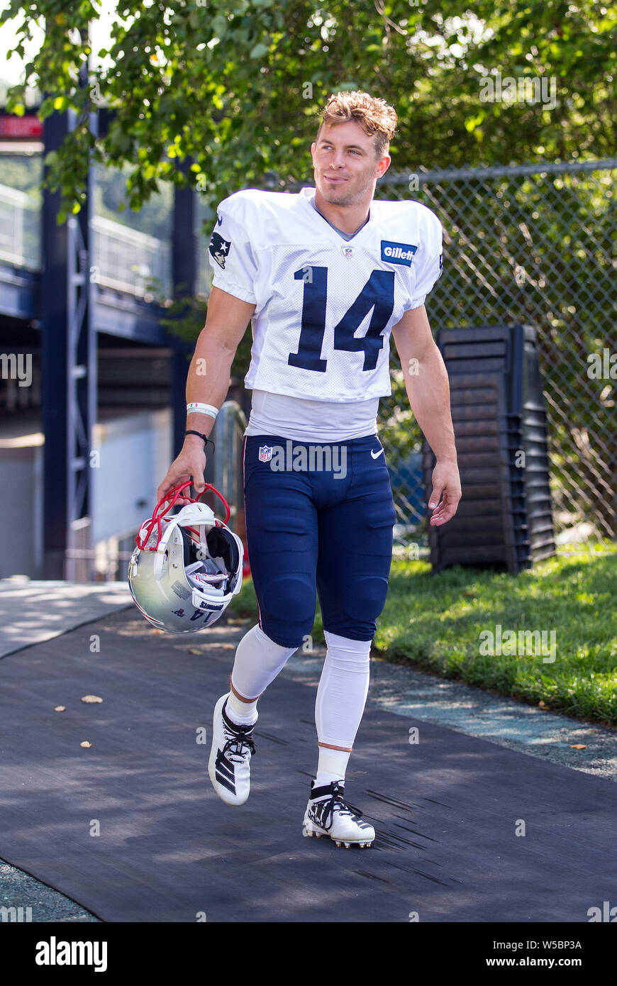 Gillette Stadium, Foxborough, USA. 27th July, 2019. MA, USA; New England Patriots wide receiver Braxton Berrios (14) walks to the field during training camp at Gillette Stadium, Foxborough, USA. Anthony Nesmith/CSM/Alamy Live News Stock Photo