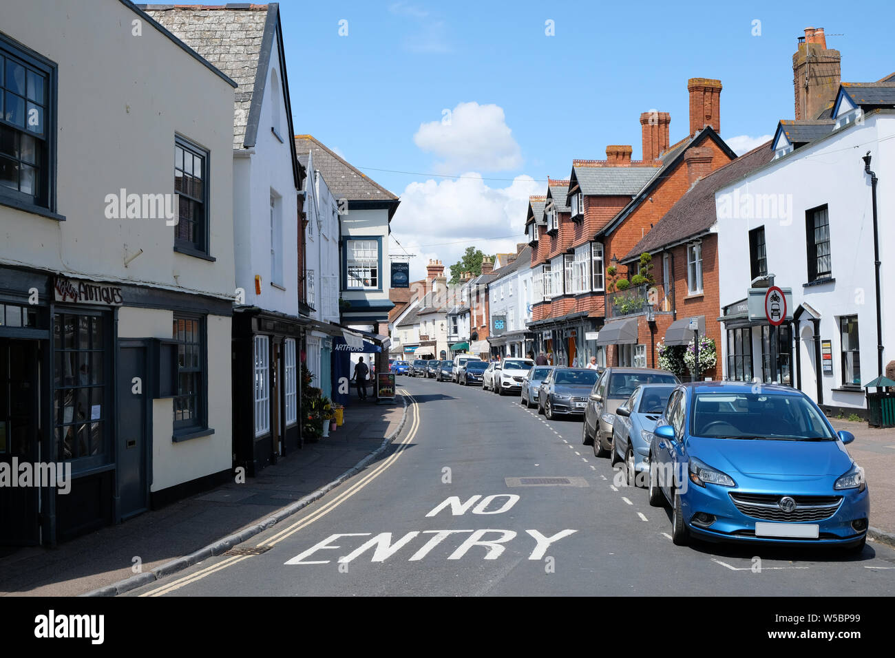 July 2019. Topsham Fore Street, the main high street in Topsham, Devon