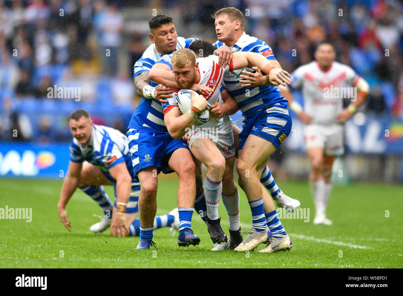 Bolton, UK. 27th July, 2019. Coral Challenge Cup Semi Final St Helens versus Halifax; Jack Ashworth of St Helens forces his way through the Halifax RLFC defensive line Credit: Action Plus Sports Images/Alamy Live News Stock Photo