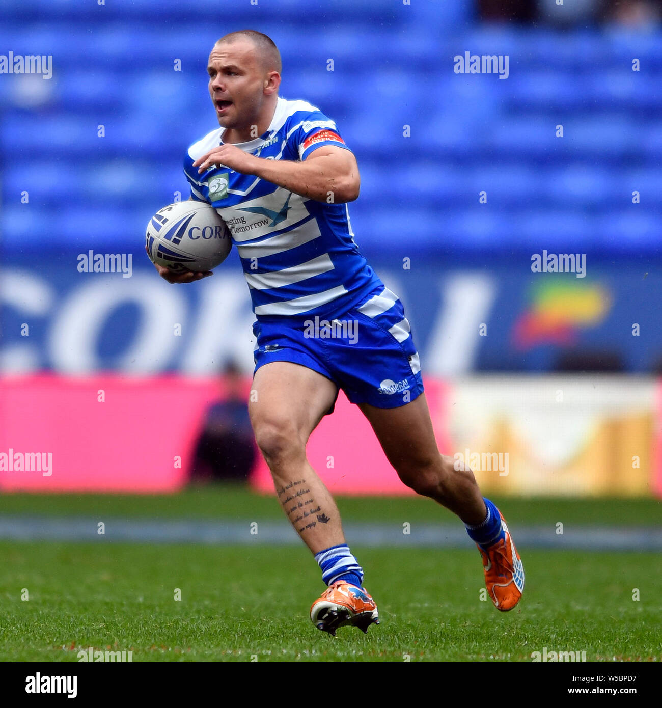 Bolton, UK. 27th July, 2019. Coral Challenge Cup Semi Final St Helens versus Halifax; Ben Johnston of Halifax RLFC runs forward with the ball Credit: Action Plus Sports Images/Alamy Live News Stock Photo