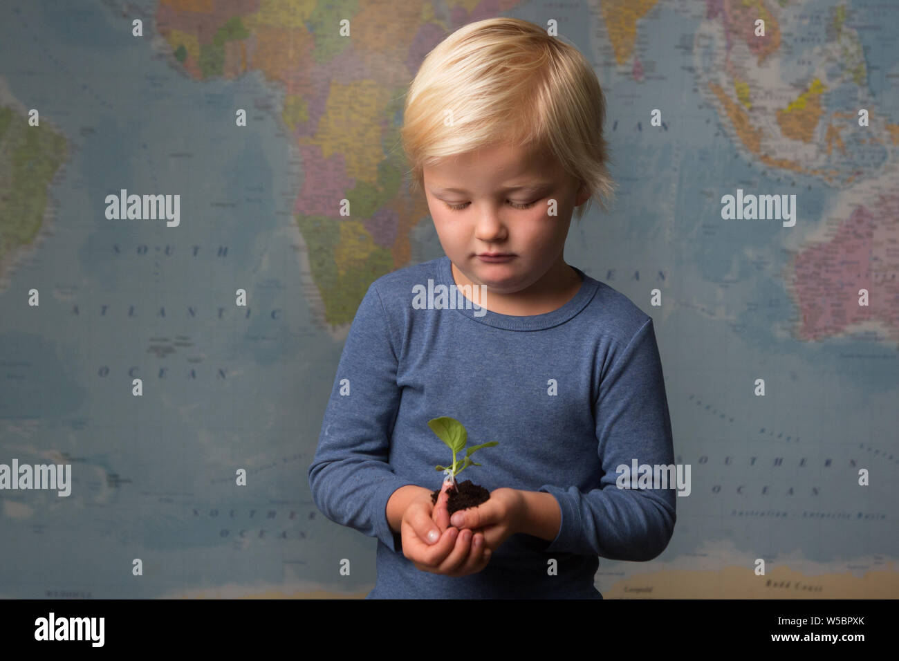 Cute blonde boy holds seedling in front of world map Stock Photo