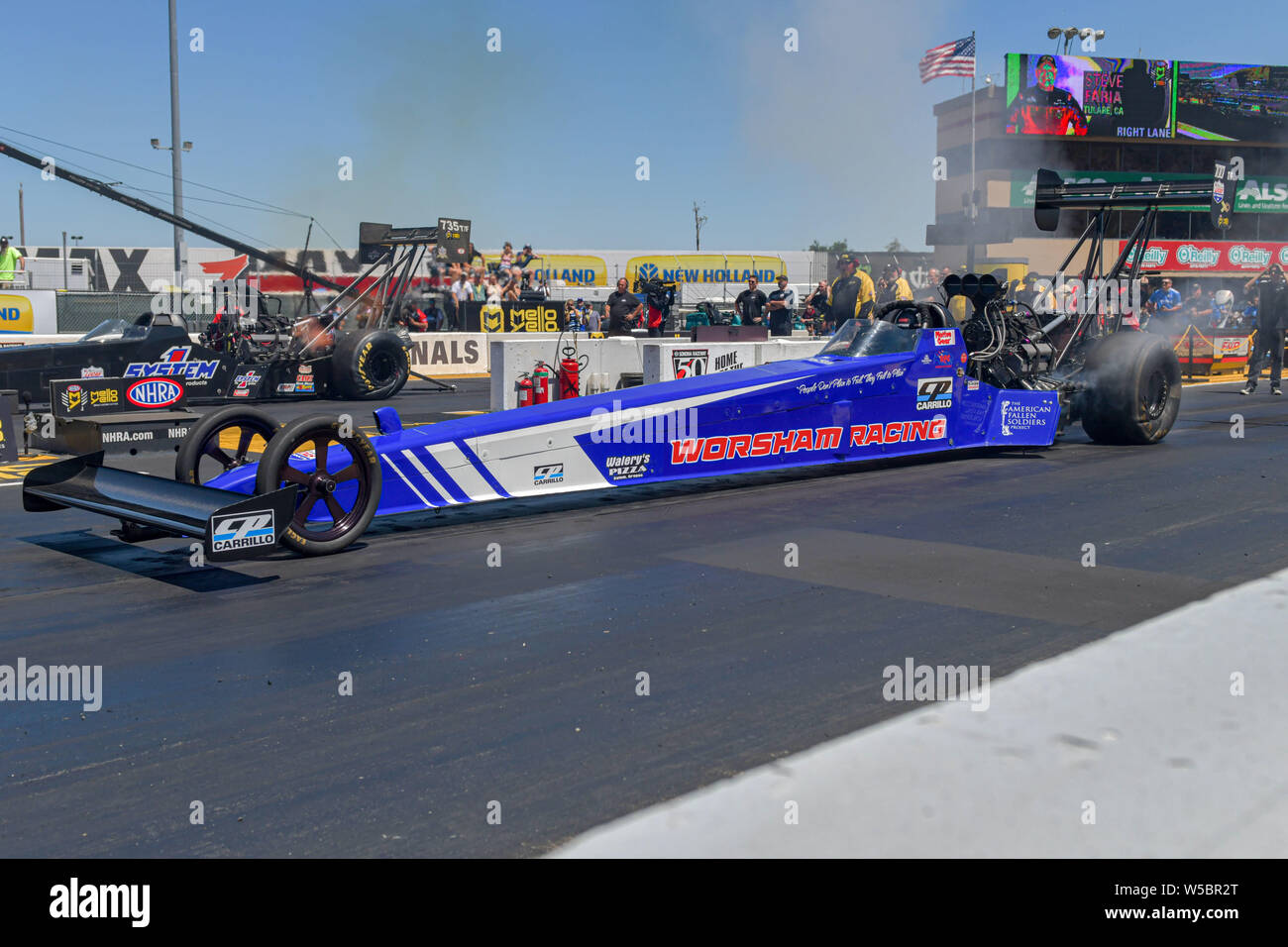 Sonoma, California, USA. 27th July, 2019. Steven Chrisman launches his top fuel dragster during the NHRA Sonoma Nationals at Sonoma Raceway in Sonoma, California. Chris Brown/CSM/Alamy Live News Stock Photo
