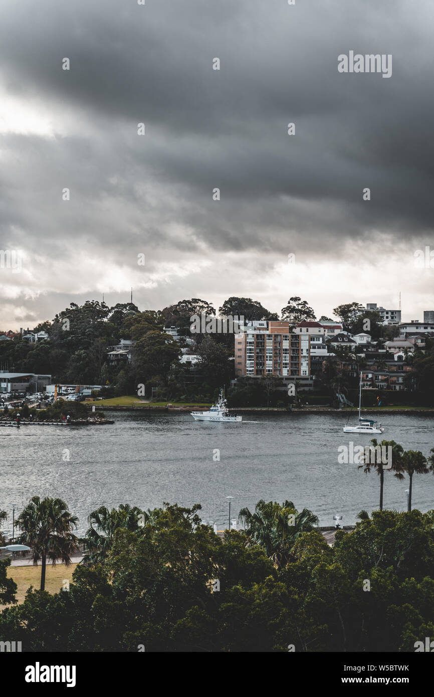 Pyrmont, New South Wales - JUNE 24th, 2019: Ominous clouds hang over Pirrama Park and Darling Island. Stock Photo