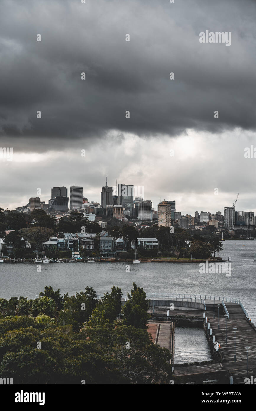 Pyrmont, New South Wales - JUNE 24th, 2019: Ominous clouds hang over Pirrama Park and Darling Island. Stock Photo