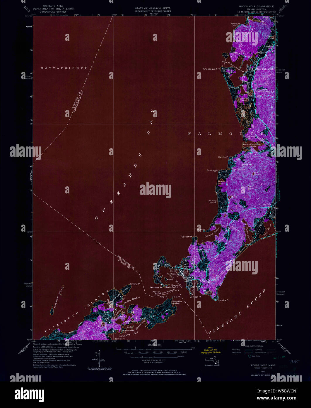 Massachusetts USGS Historical Topo Map MA Woods Hole 350775 1953 24000 Inverted Restoration