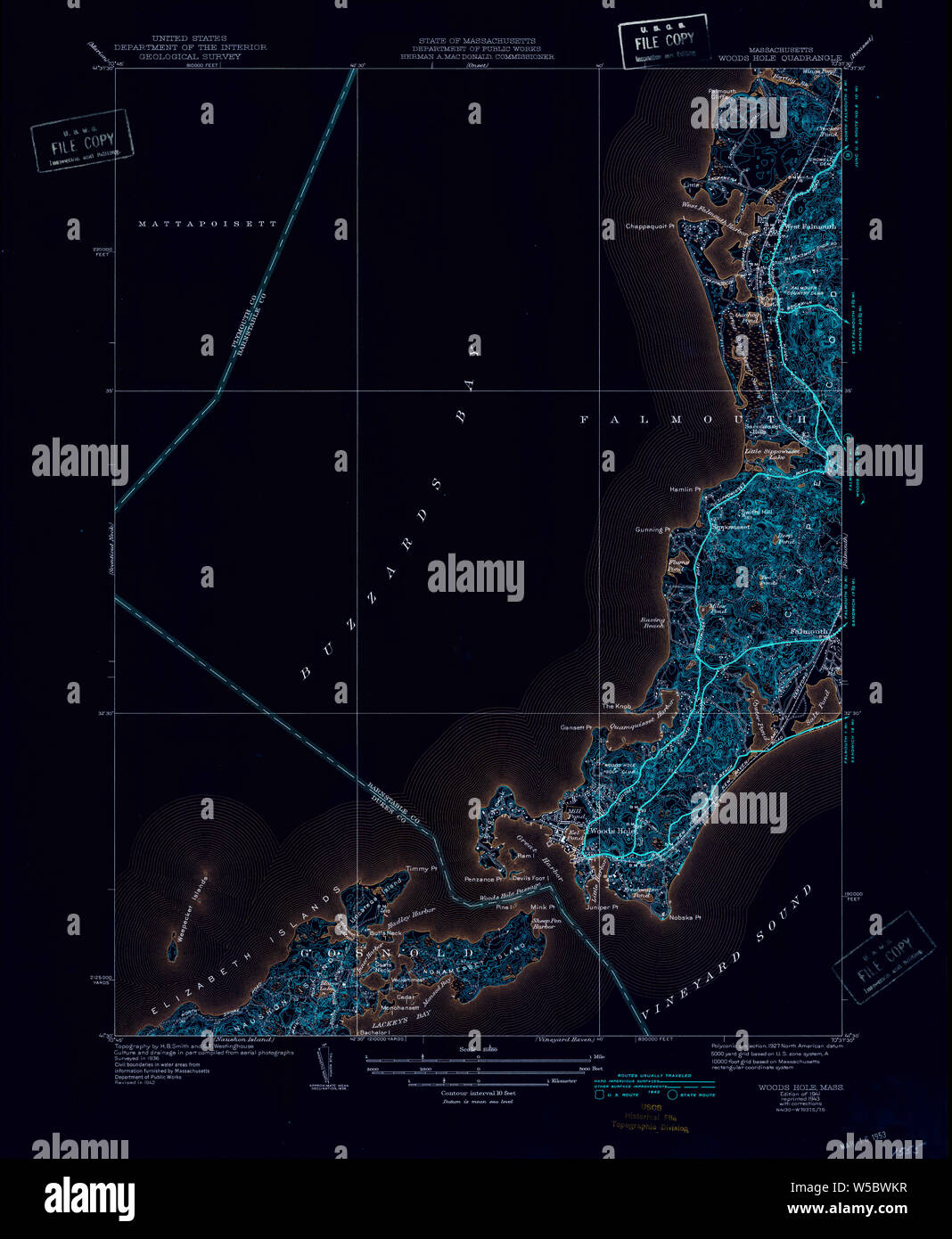 Massachusetts USGS Historical Topo Map MA Woods Hole 352388 1941 31680 Inverted Restoration