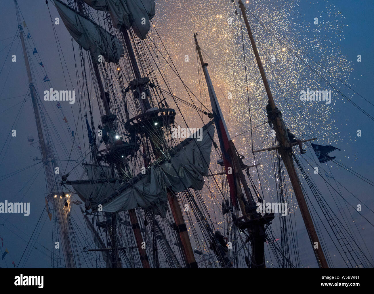 Fireworks at Bergen harbour in Norway in preparations for the Tall Ships Races, attracting a fleet of 70 vessels from 20 countries. Bergen,Norway Stock Photo