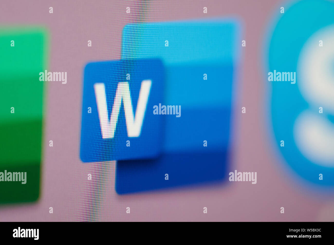 New york, USA - july 26, 2019: Starting microsoft office word on computer macro close up view in pixel screen Stock Photo