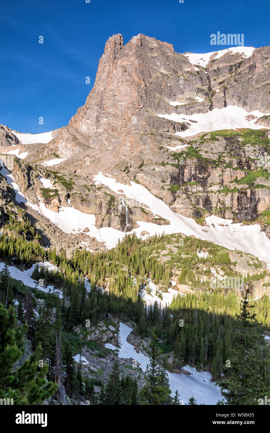 Melting snow from Notchtop Mountain feeds Grace Falls in Rocky Mountain