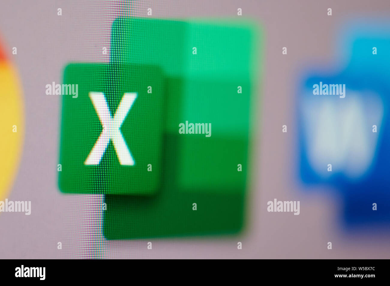 New york, USA - july 26, 2019: Starting Microsoft excel software on computer macro close up view in pixel screen Stock Photo
