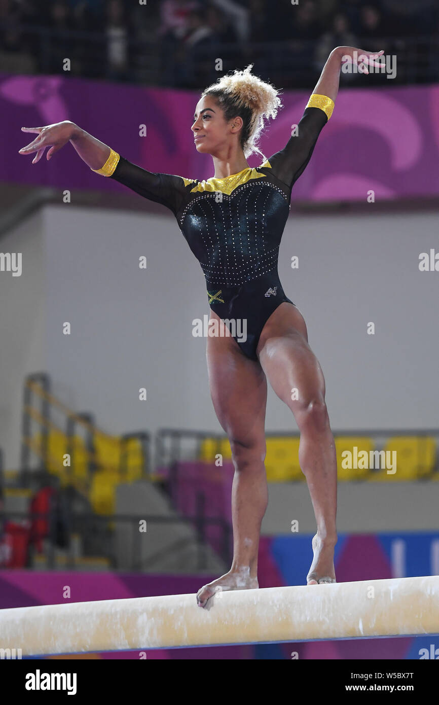 Lima, Peru. 27th July, 2019. DANUSIA FRANCIS performs on the balance beam during the team finals competition held in the Polideportivo Villa El Salvador in Lima, Peru. Credit: ZUMA Press, Inc./Alamy Live News Stock Photo