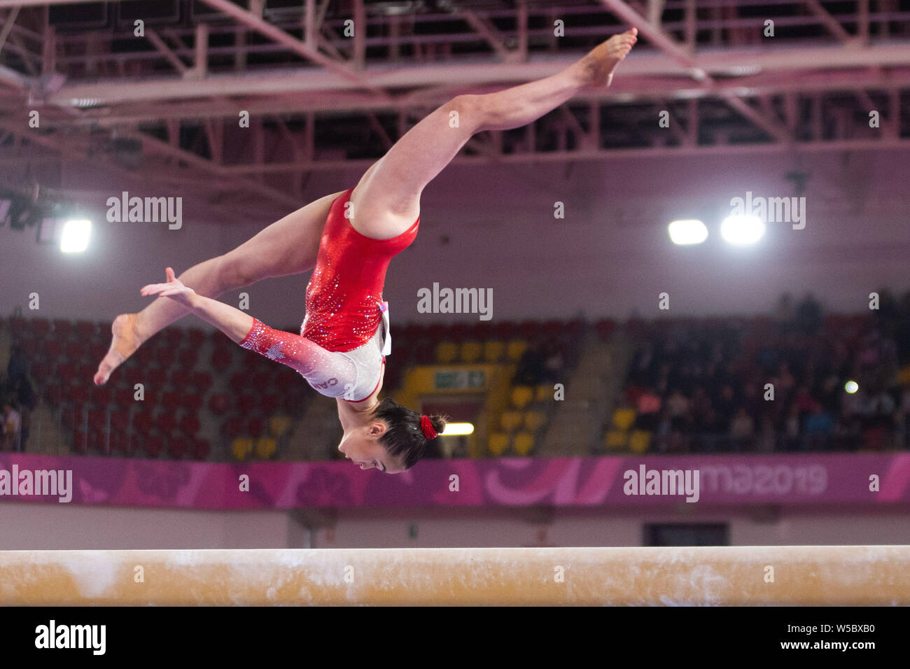 Lima, Peru. 27th July, 2019. Victoria Woo (#17) performs her beam routine during the Pan American Games Women's Artistic Gymnastics, Qualification and Team Final at Polideportivo Villa el Salvador in Lima, Peru. Daniel Lea/CSM/Alamy Live News Stock Photo