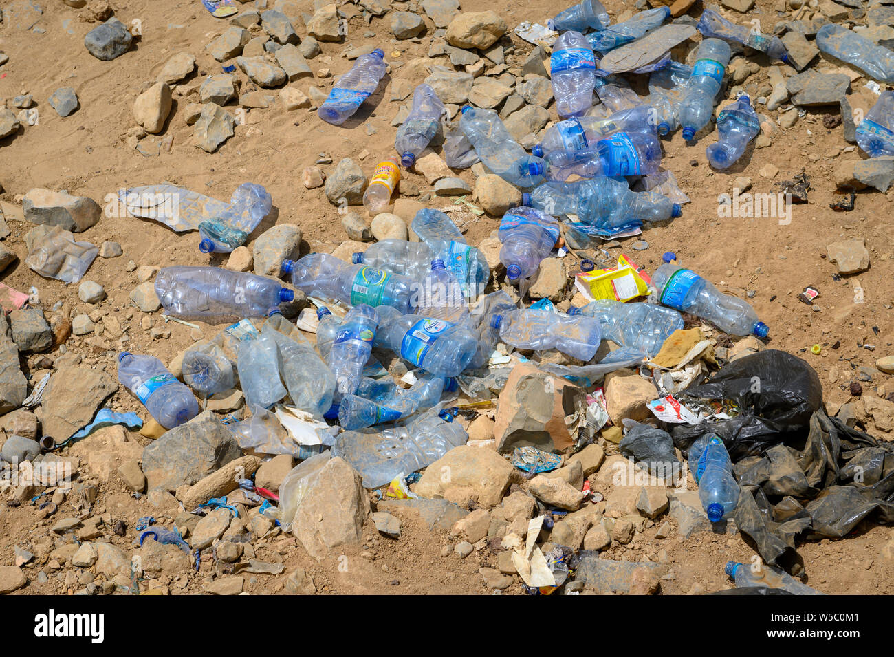A large amount of plastic water bottles littered in the Danakil