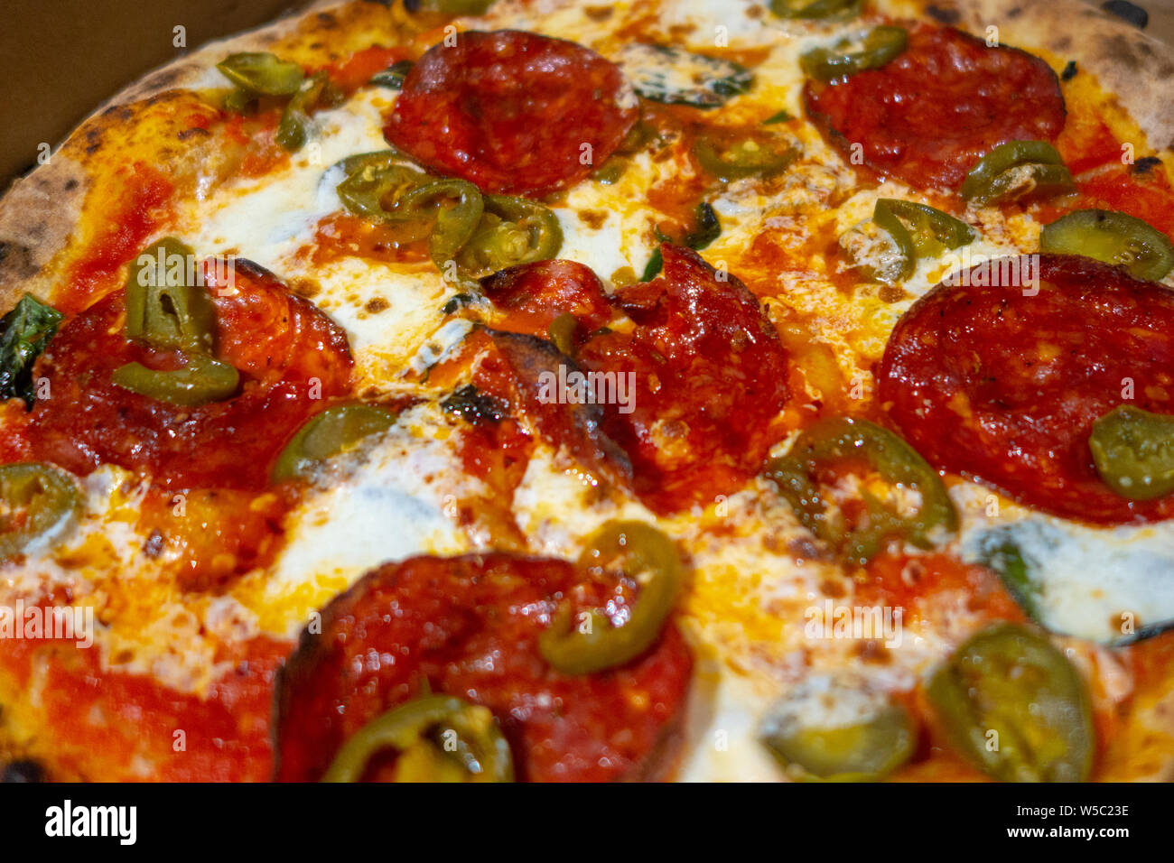 Single serving brick oven Italian Neapolitanstyle pizza with spicy Hot