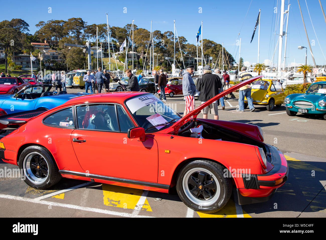 Classic red Porsche 911 carrera 3.2 engine from 1989 at a classic car show in Sydney,Australia Stock Photo