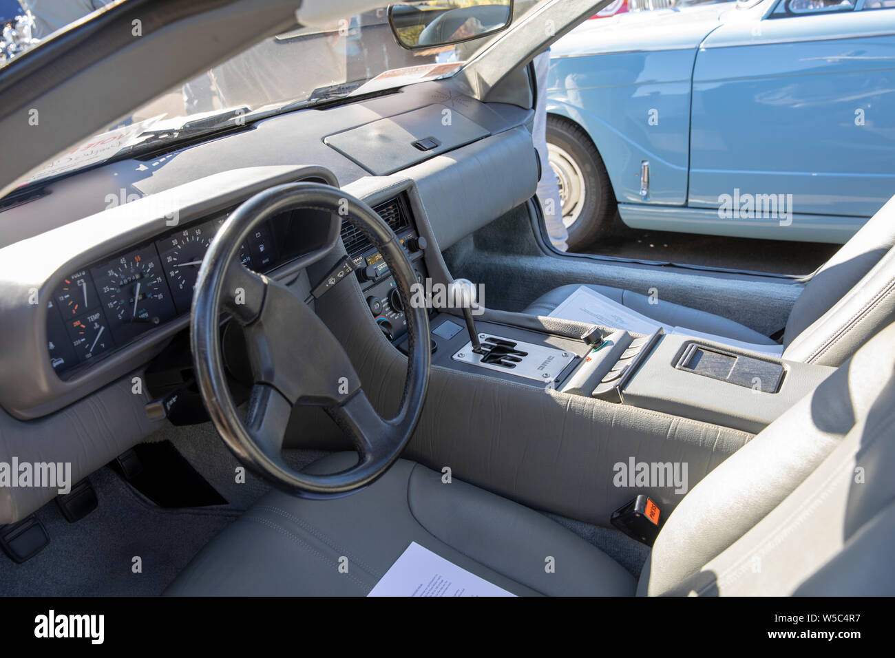DMC DeLorean motor car and interior shot of steering wheel and dashboard, car on display at a Sydney classic car show,Australia Stock Photo