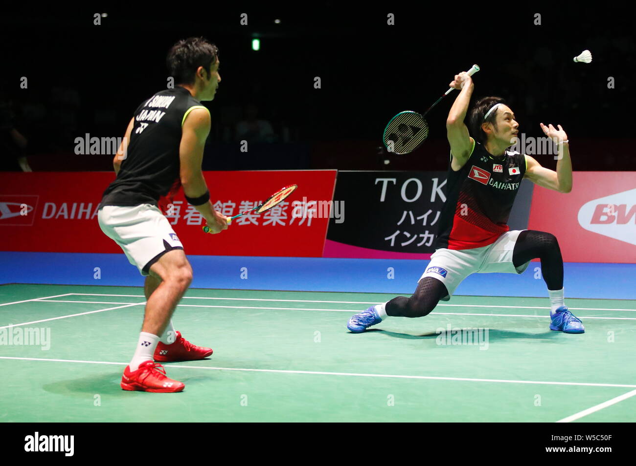 Tokyo, Japan. 27th July, 2019. Takeshi Kamura & Keigo Sonoda (JPN) Badminton  : Daihatsu Yonex Japan Open 2019 men's doubles semi-final at Musashino  Forest Sport Plaza in Tokyo, Japan . Credit: Sho
