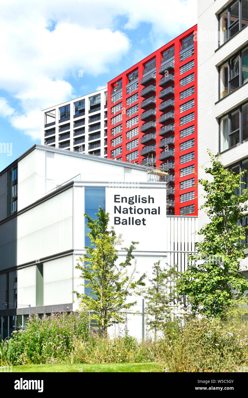English National Ballet & its schools purpose built offices studio & rehearsal spaces amongst apartment buildings London City Island Canning Town UK Stock Photo