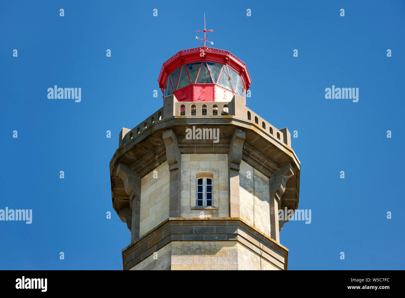 french 'phare des baleines' lighthouse top on 'Re' island France,blue sky background. Stock Photo