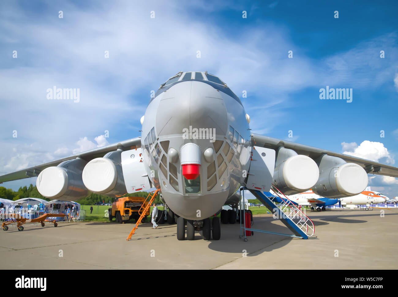ZHUKOVSKY, RUSSIA - JULY 20, 2017: A heavy military transport aircraft IL-76MD-90A close up. Fragment of the MAKS-2017 air show exposition Stock Photo