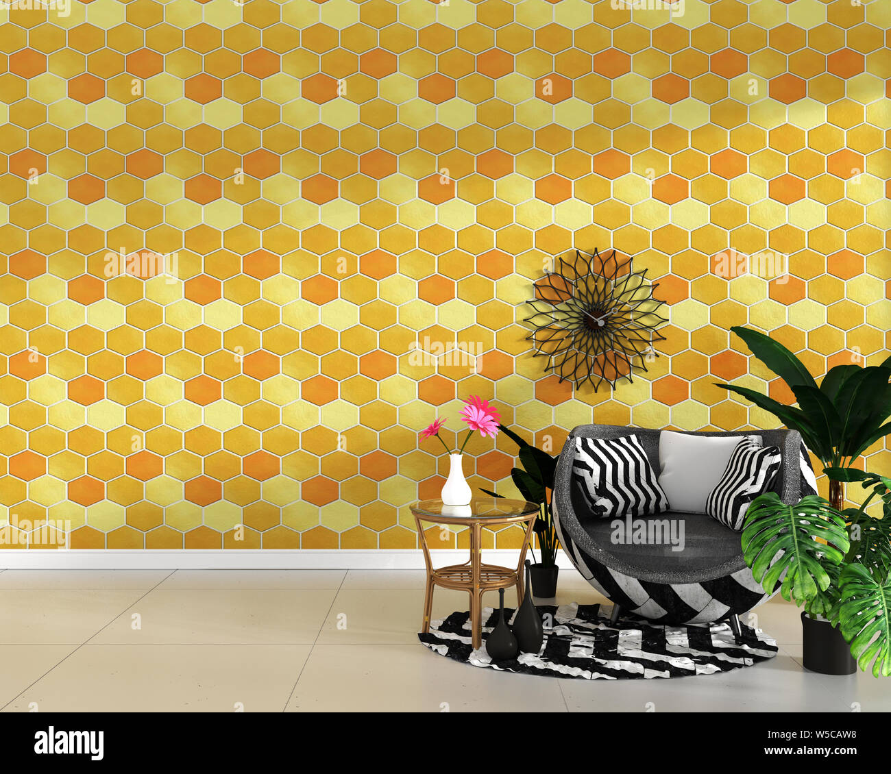 modern living room interior with armchair decoration and green plants on hexagon yellow and orange tile texture wall background,minimal design, 3d ren Stock Photo