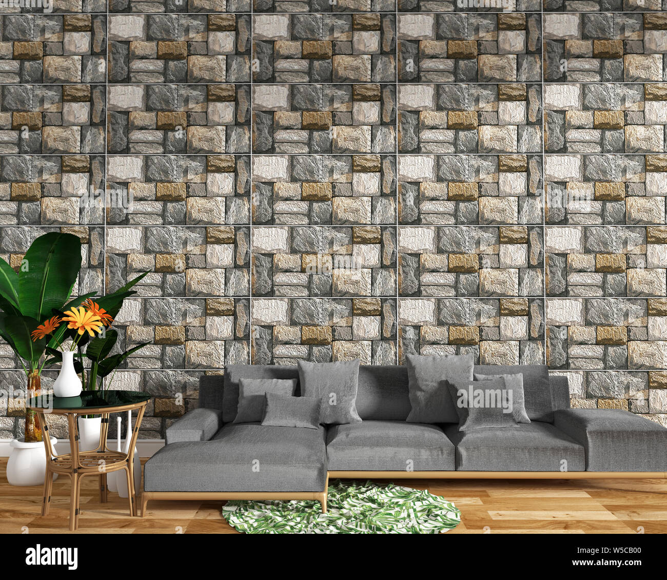 modern living room interior with sofa decoration and green plants on tile  rock texture wall background,minimal designs, 3d rendering Stock Photo -  Alamy