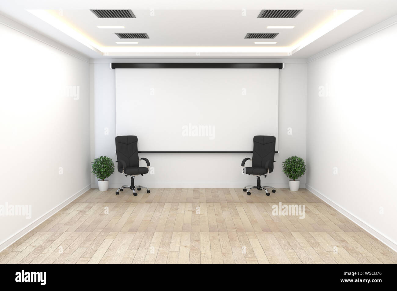 Board room - empty office concept , business interior with chairs and plants and wooden floor on white wall empty. 3D rendering Stock Photo