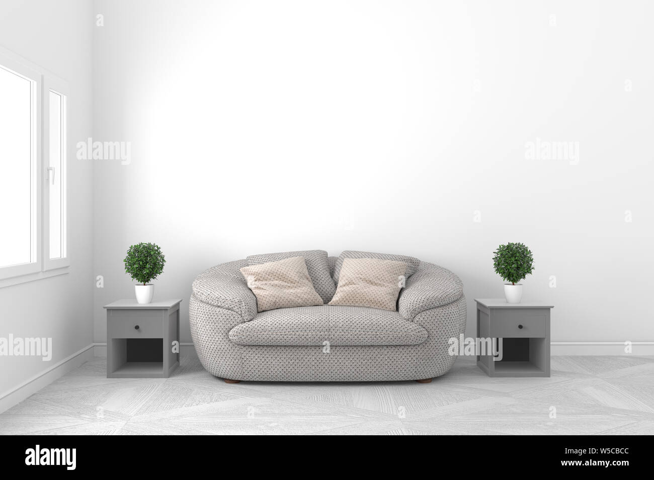 Beautiful White Empty Room Living Room Interior Design With Sofa And Plants And Windows On Empty White Wall Background Scandinavian Style Empty Stock Photo Alamy